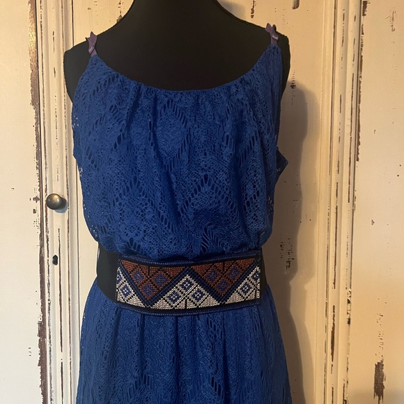 Beautiful long blue lace dress with under slip sheer lace bottom - Picture 2 of 15